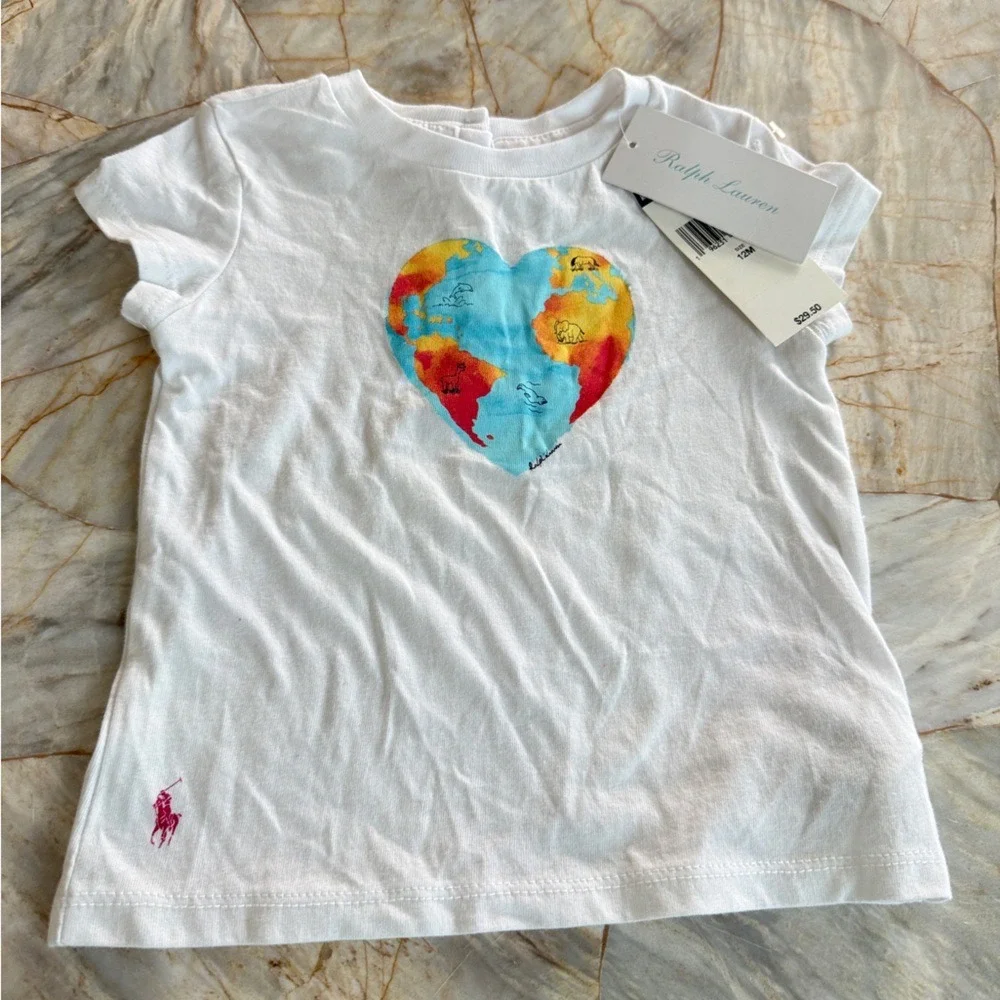 Ralph Lauren Baby Girl White‎ Heart World Map Animal Graphic T-Shirt 12M NWT